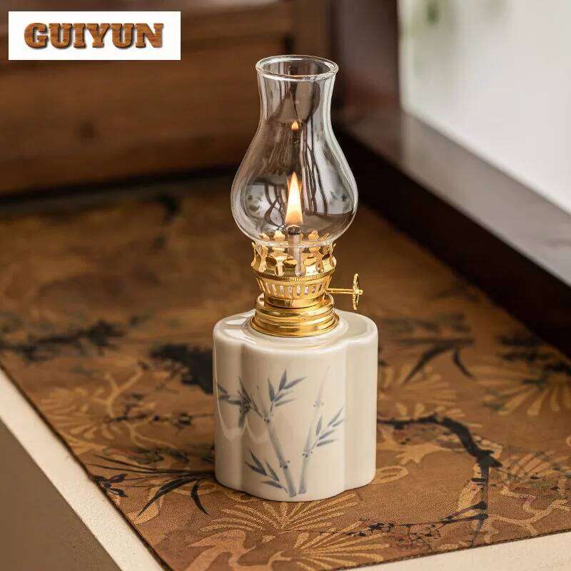 Hand Drawn Flowers Kerosene Lamps Holder Candle Stick Antique Style Oil Lamp Indoor Light Home Decoration H260310