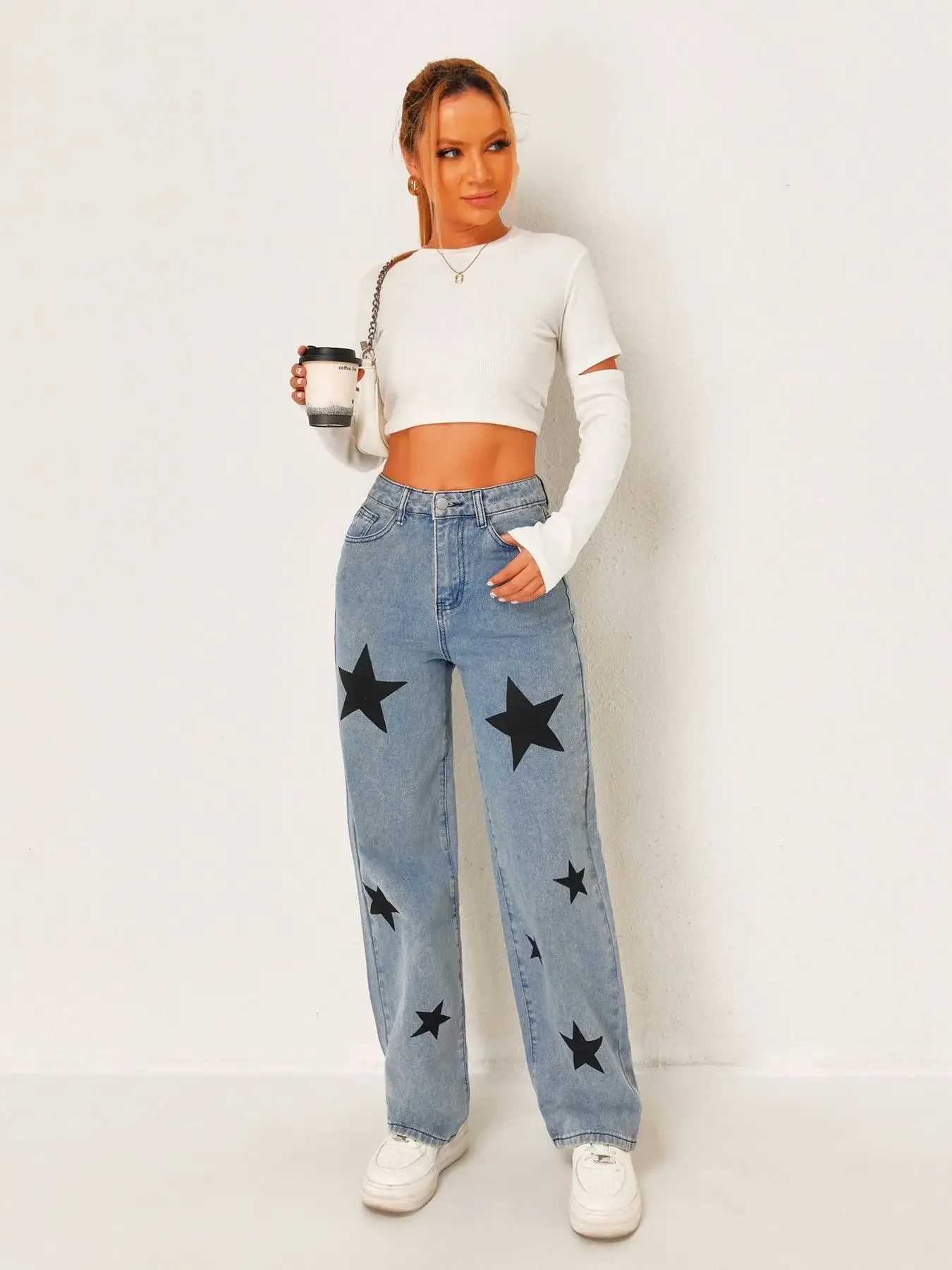Women High Waist Star Print Wide Leg Baggy Denim Pants Trendy New FashionT260310
