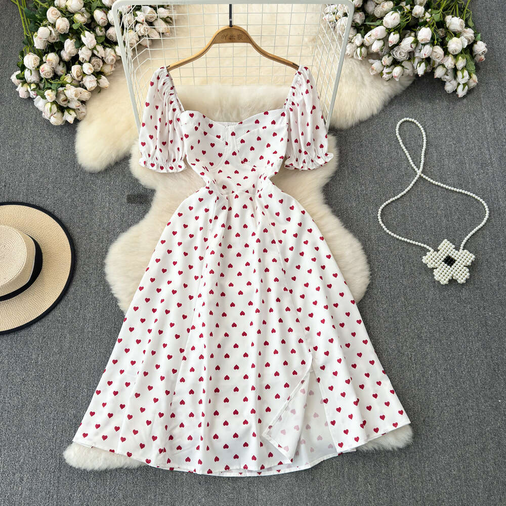 Kikyo Lady's First Love Gentle Lady Short Sleeve Square Neck Waist Tightening Split A-line Heart Printed Dress