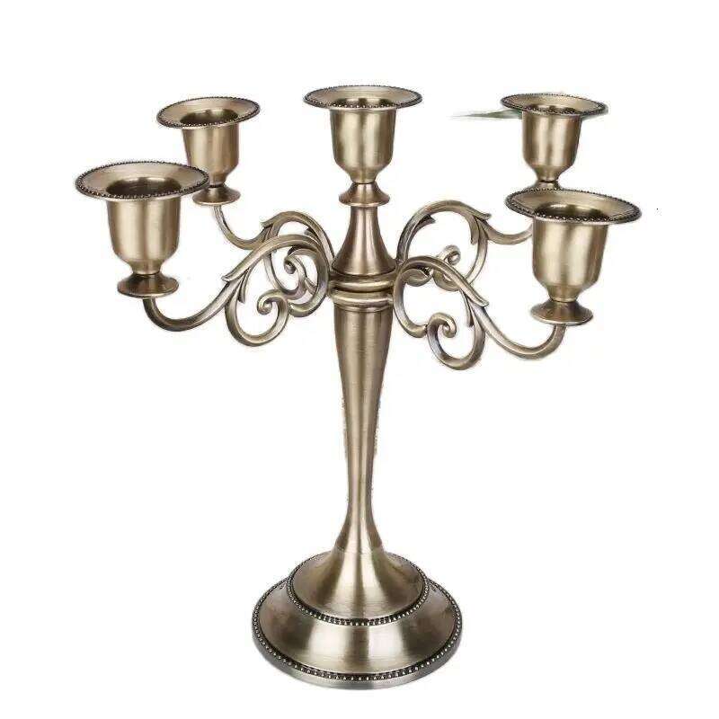 Hot Silver/Gold/Bronze/Black 5-Arms Metal Pillar Candle Holders Candlestick Wedding Decoration Stand Home Decor Candelabra H260310
