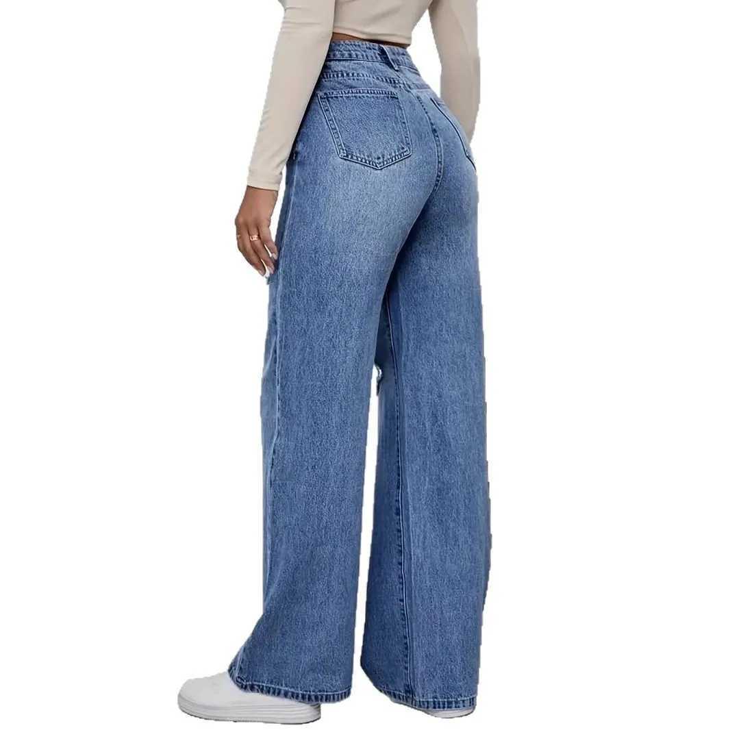 Hole Jeans Women Denim Wide Leg Pants Vintage Distressed Ripped Trousers 2025 Streetwear High Waist Washed Pockets Floor Length M260310