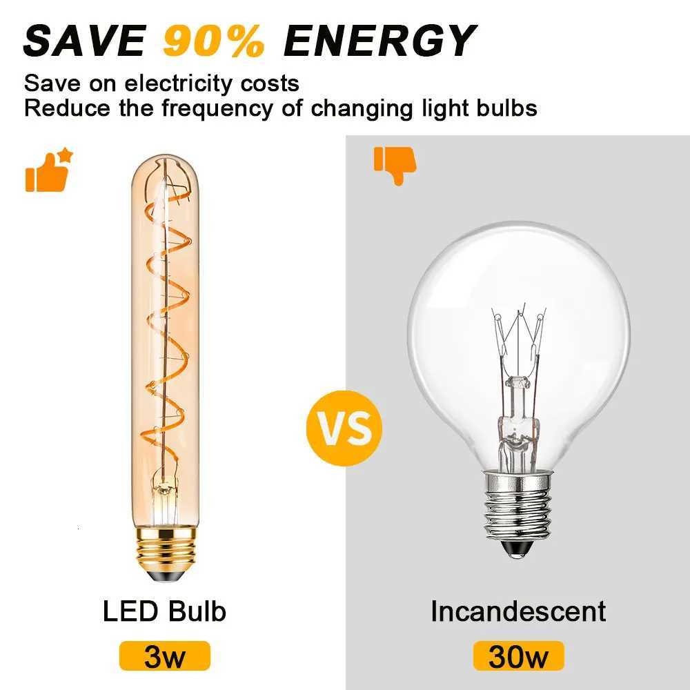 T185 Spiral Filament LED Light E26 E27 Edison Tubular Light Bulb 30 Watt Equivalent 3W 2200K Warm White Retro Amber Glass Bulbs H260310