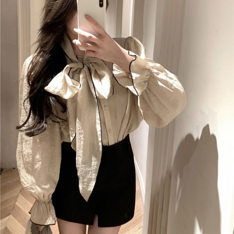 Blue Bow Tie Bell Sleeve Shirt for Women Spring and Autumn New Loose Korean Style Shirt with Unique Design 210317