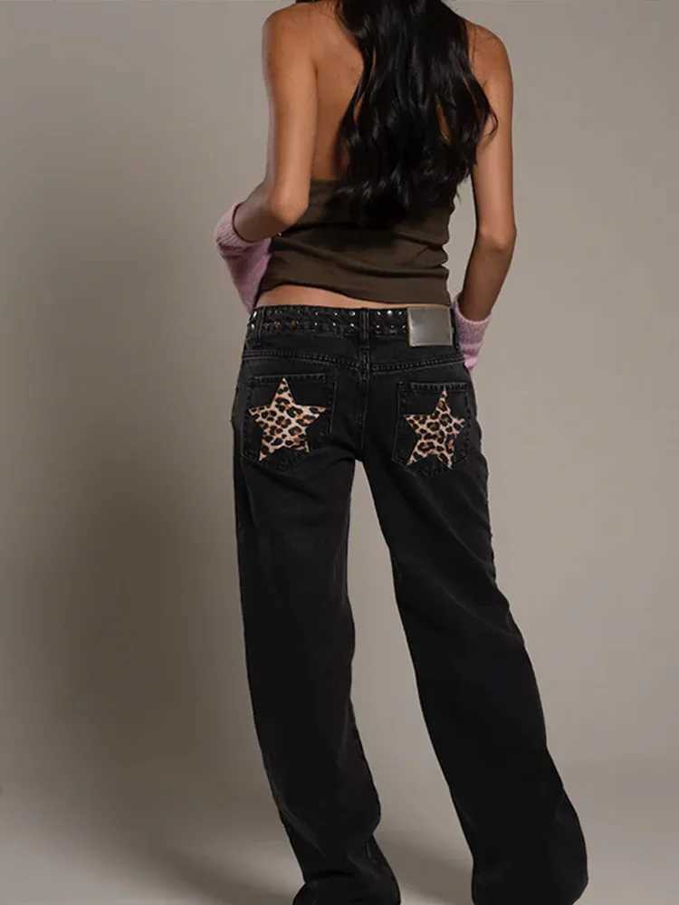 Gothic Womens ONE DILEMMA Jeans Y2K Clothes Hip Hop Five Pointed Star Sequin Rivet Fashion Casual Baggy Jeans Straight TrousersT260310