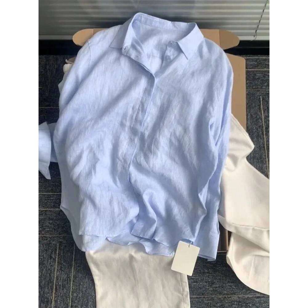 Casual Office Ladies Work Solid Color Linen Shirt Long Sleeve Spring Summer Single Breasted Loose Fit Fashion Women Blouses Tops