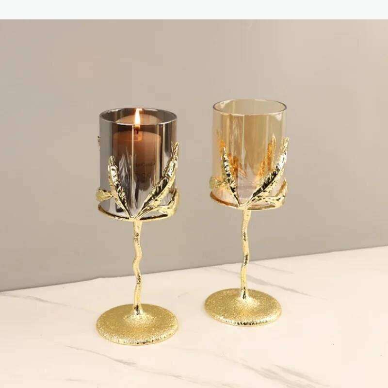 Metal Candelabrum Candlestick Glass Leaf Candle Candelabros Wedding Decoration H260310