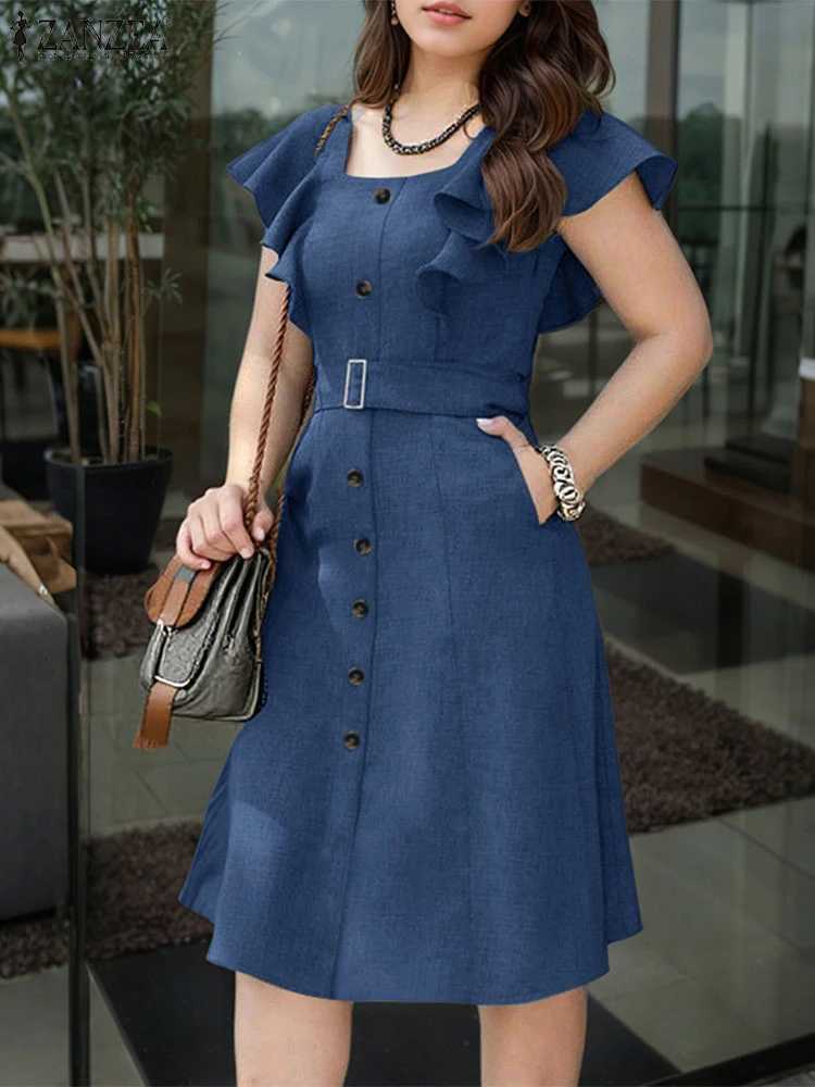 ZANZEA Elegant Women Office Lady Dress Summer Short Slve Ruffled Vestidos Casual Solid Color Square Collar Party Midi Sundress X260310