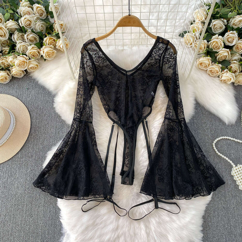 European and American sexy thin lace V-neck bell shaped sleeve women's jumpsuit summer design with tie 2026