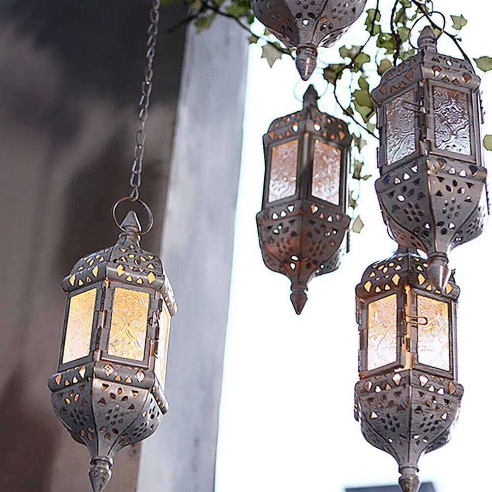 25*9cm Iron Hanging Vintage Glass Moroccan Tea Light European Style Hollow Candle Holder For Garden H260310