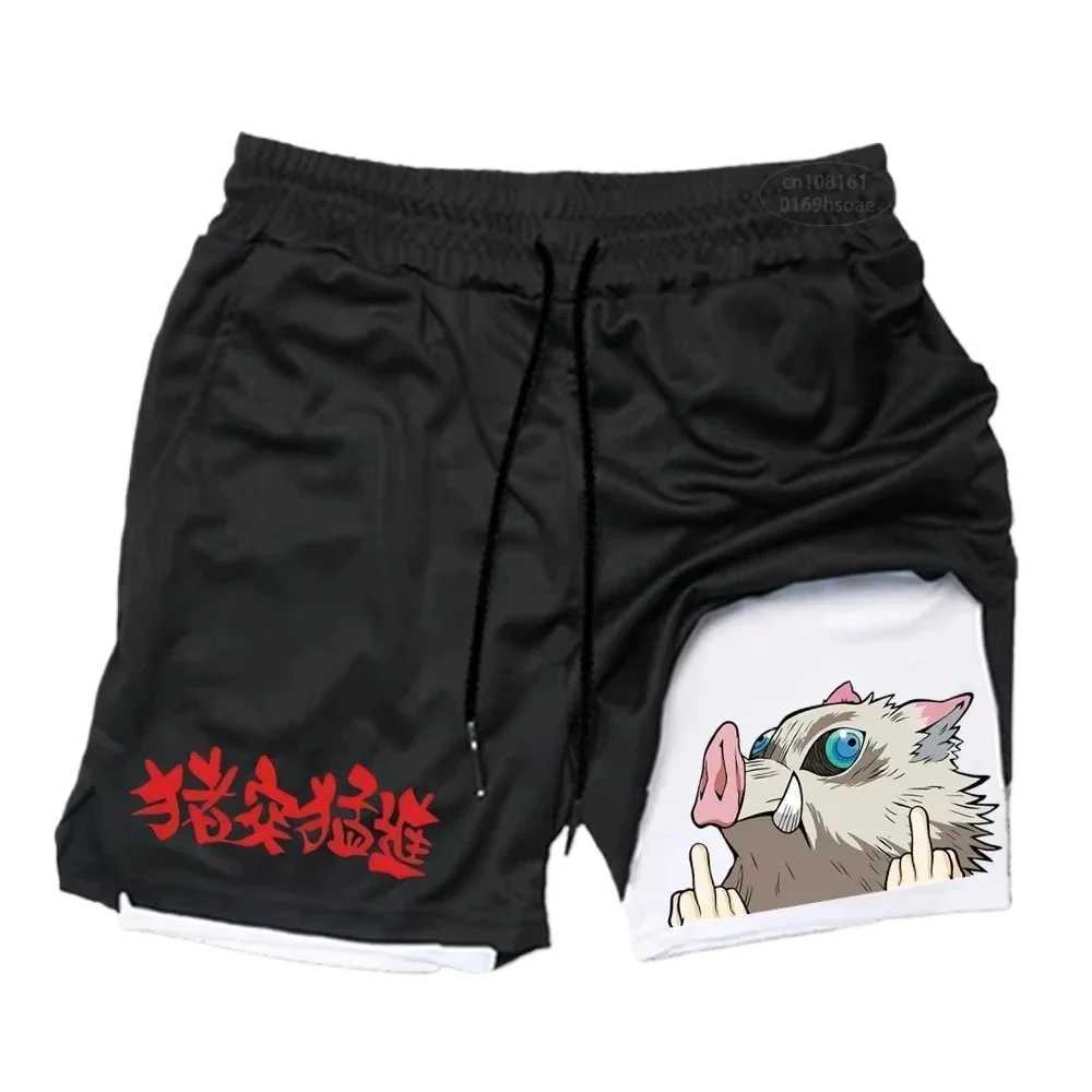 Mens anime printed fitness shorts double-layer 2-in-1 quick drying fitness outdoor leisure training sports shorts N260310