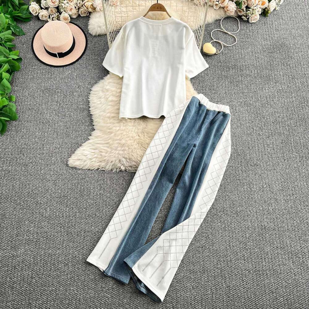 2026 summer design loose fit denim patch rhinestone round neck short sleeved top wide leg pants set