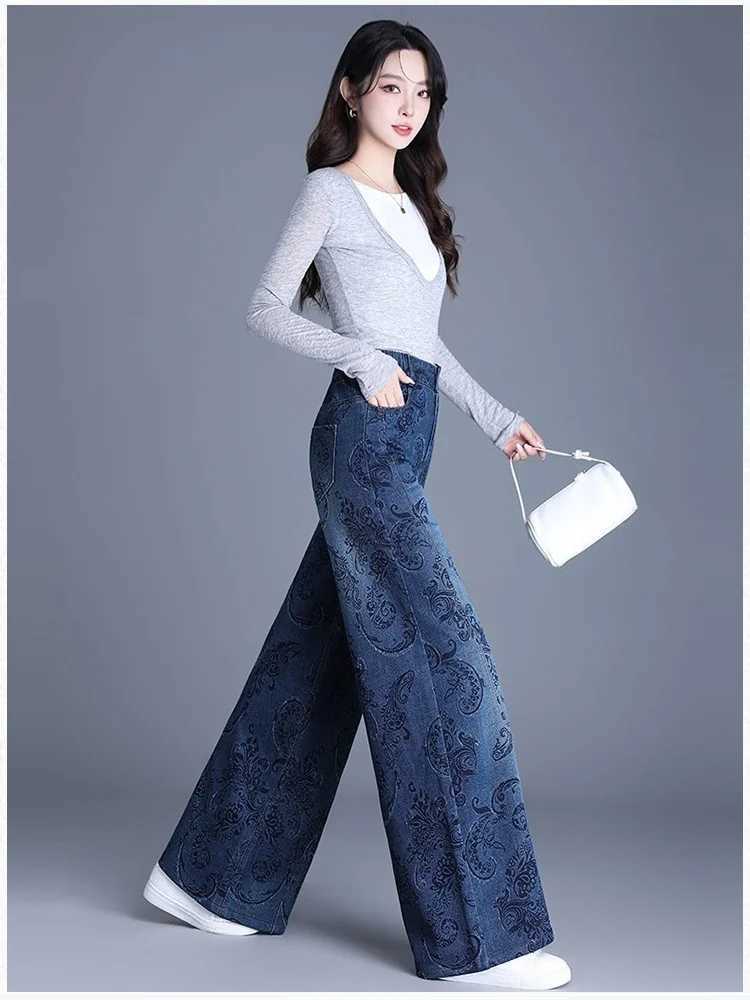 2025 Womens Spring and Autumn High Waist Jacquard Wide Leg Jeans Loose Fashionable and Comfortable Large Straight M260310
