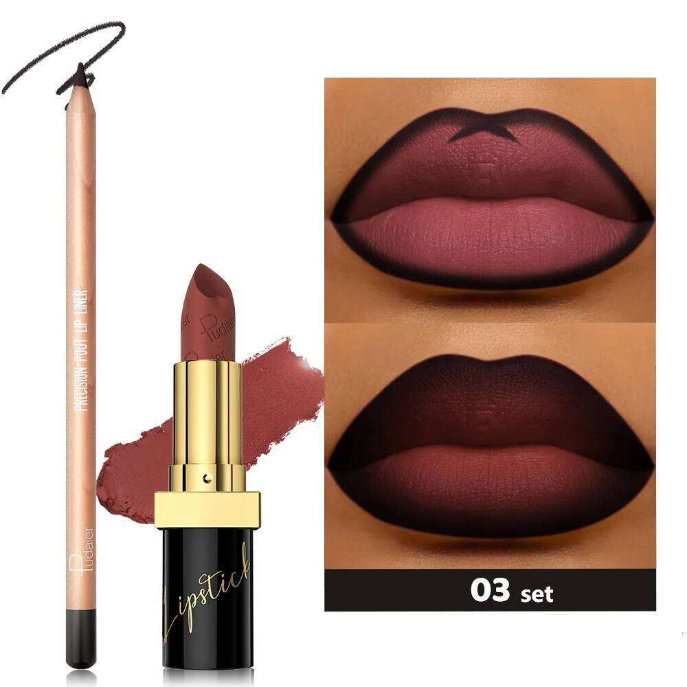 Pudaier 2pcs Matte Lipstick and Lip Liner Set - Waterproof, Sweat-proof, Long-lasting, Easy to Apply Z260310