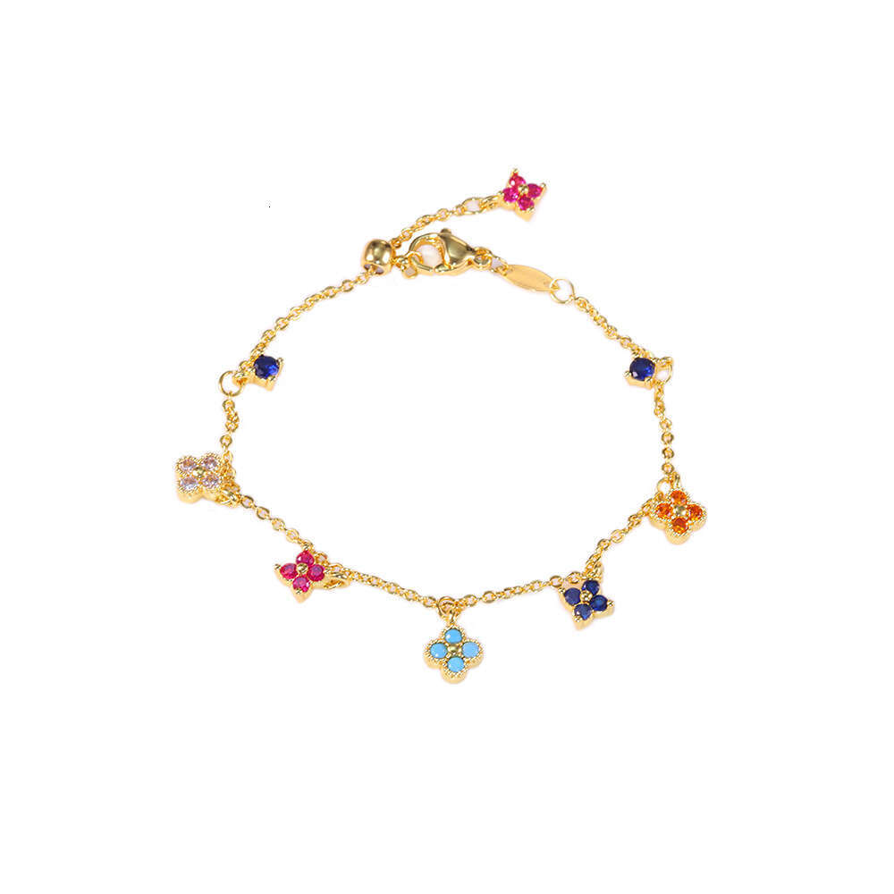 Clover Bracelet for Women Dainty O-Chain Colorful Zircon Inlaid Four-Leaf Clover Bracelet 18K Gold Plated Light Luxury INS Dopamine Adjustable Versati