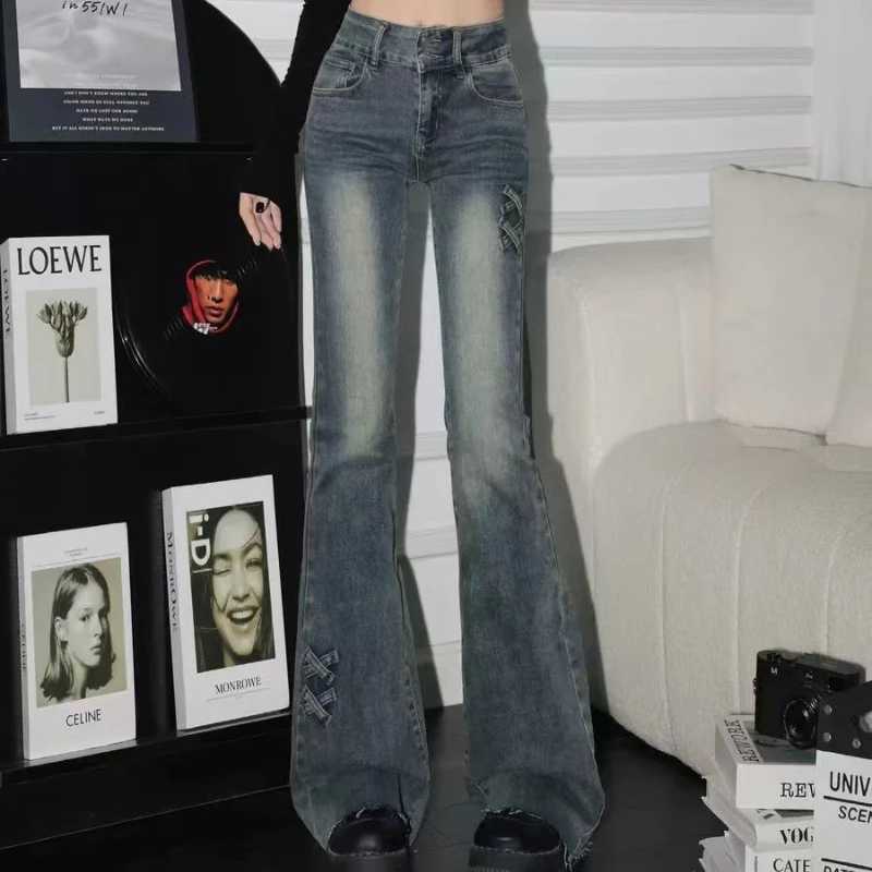 New retro high waist solid color micro-flare women jeans y2k fashion street clothing slim and slim stretch flared pants M260310