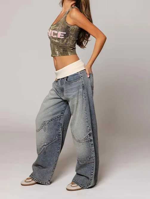 Chic Cool Denim Patchwork Wide Leg Pants Women Fashion Blue Low Waist Loose Straight Trouser New Female High Street Outfits 2026 M260310