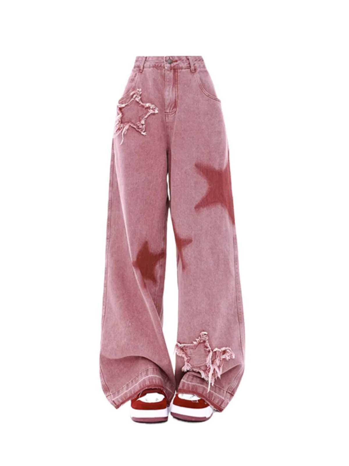 Large Size Women American Street Pink High Waist Autumn Korean Wide-leg Jeans Loose Fashion Versatile Straight Leisure Trousers M260310