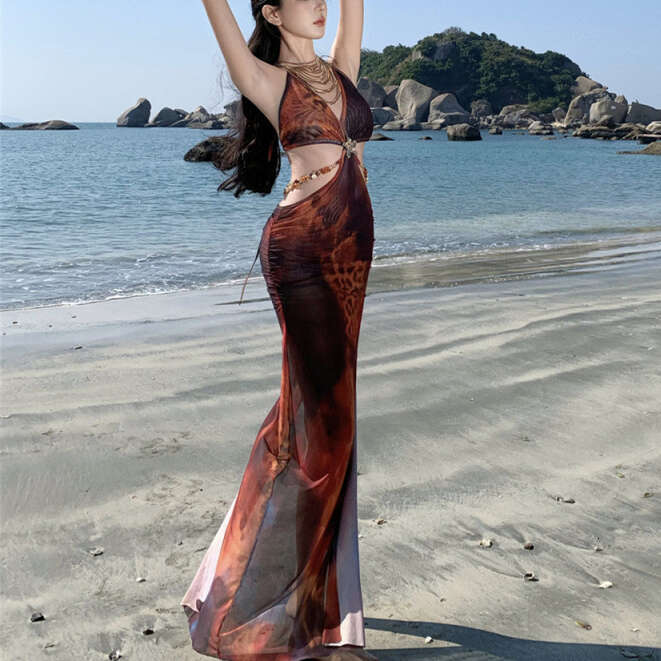 2026 spring and summer new designer elegant strapless dress suitable for sexy girls, new holiday printed backless sleeveless dress
