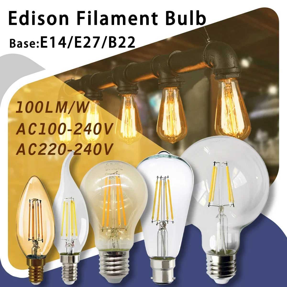 2PCS LED Filament Bulb E14 E27 C35 C35T ST64 G80 A60 220V 4W 9W Warm White Glass 360 Degree Edison Retro Candle Light Blubs H260310