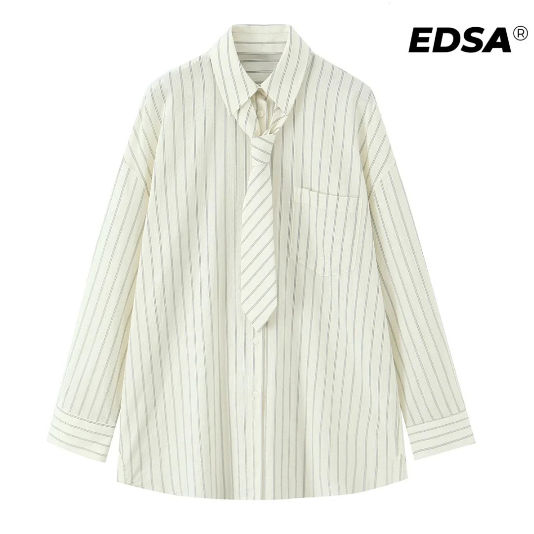 EDSA Women Striped Oversize Shirt with Tie Long Sleeves Collared Neck Buttonup Tops for Office Lady 250305 - view 3