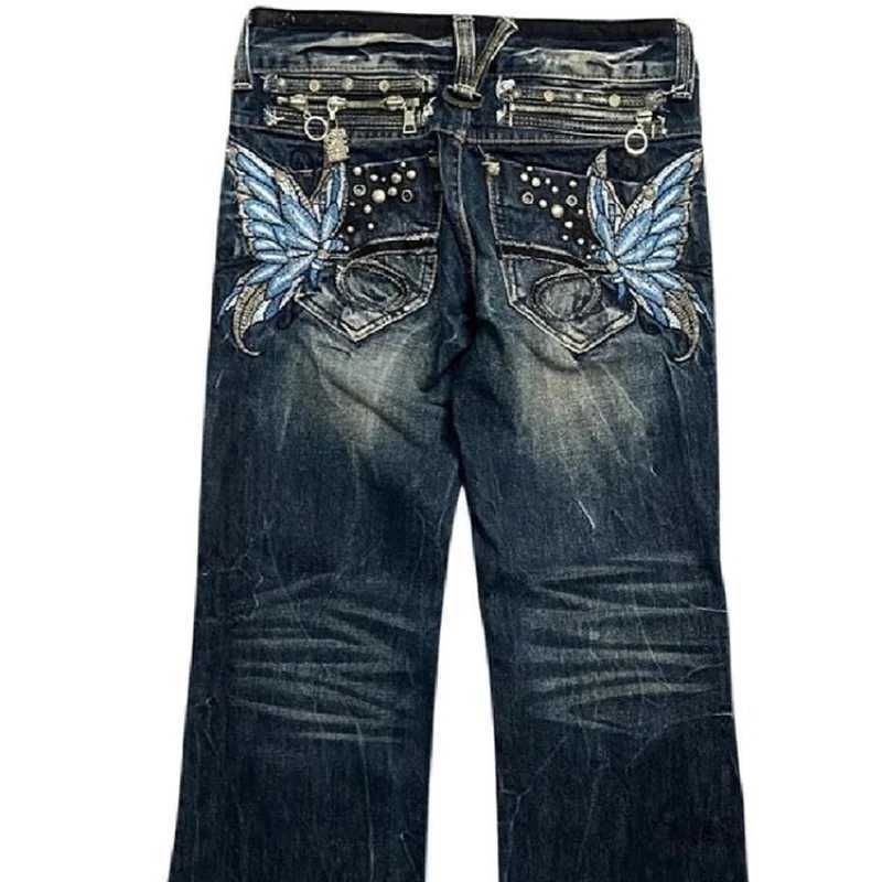 New retro high street large size butterfly embroidered women jeans Y2K Harajuku slim mid-rise micro-flared jeans M260310