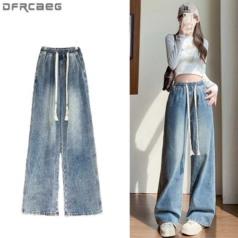 L-6XL Plus Size Jeans For Women Spring 2025 High Waist Straight Blue Jeans Trousers Wide Leg Loose Drawstring Large Size Jeans M260310
