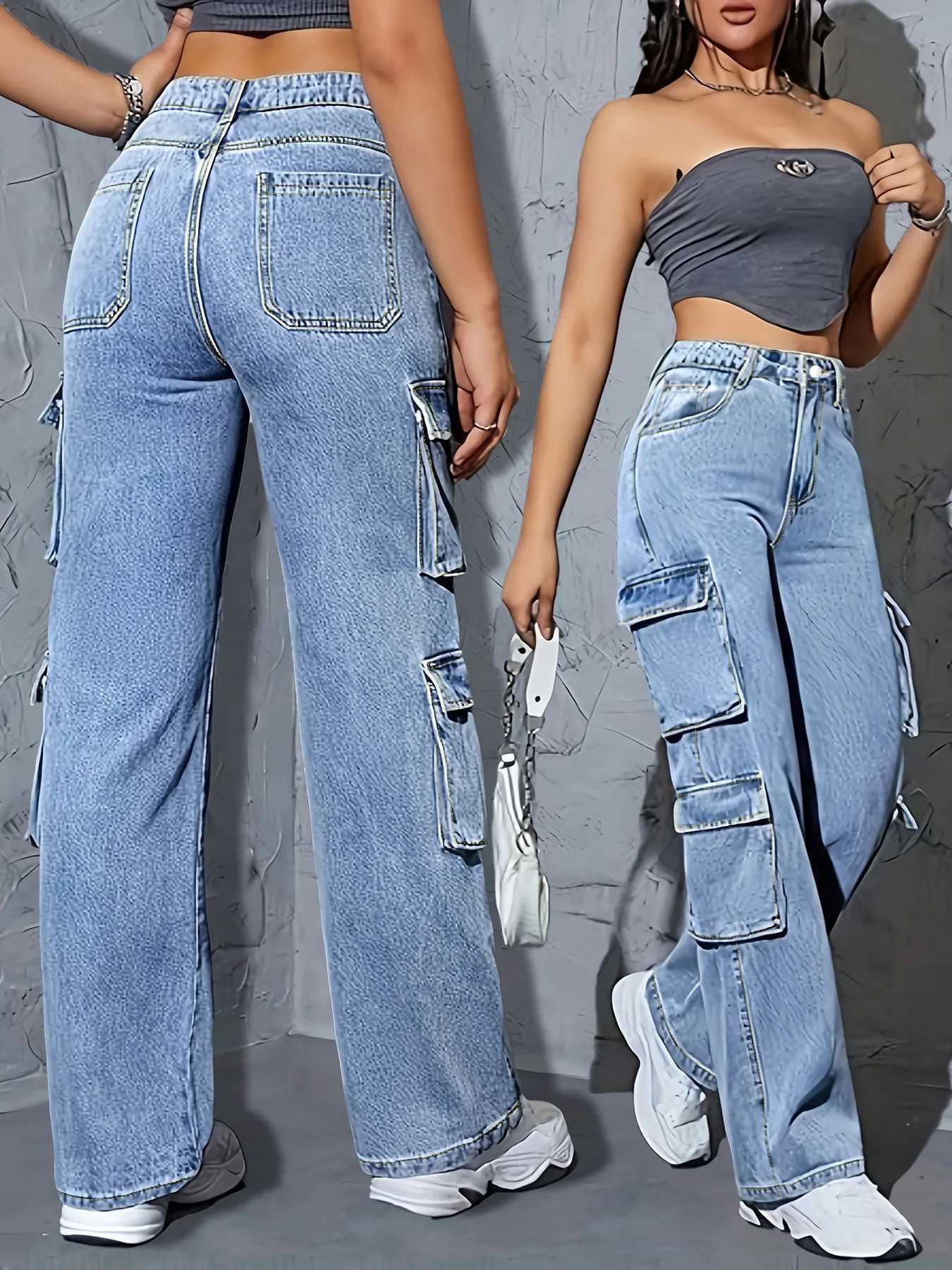 Plus Size Straight Leg Jeans for Women High Waisted Cargo Jeans for Women Stretchy Wide Leg Jean Womes Casual Baggy M260310