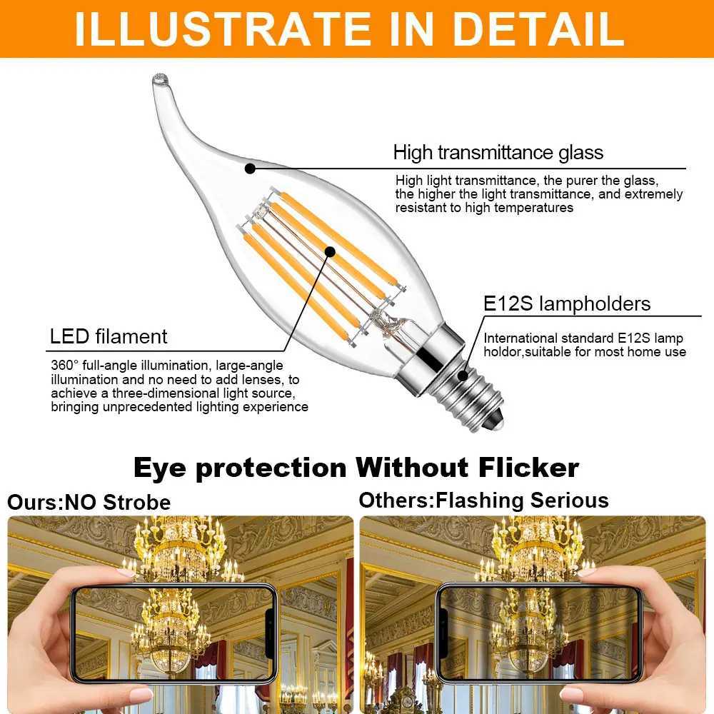 E12 Chandelier Bulb C35 4W 320LM Vintage LED Lamp Clear Amber Glass Flame Tip Candle Light Bulbs for Ceiling Fan Pendant Light H260310