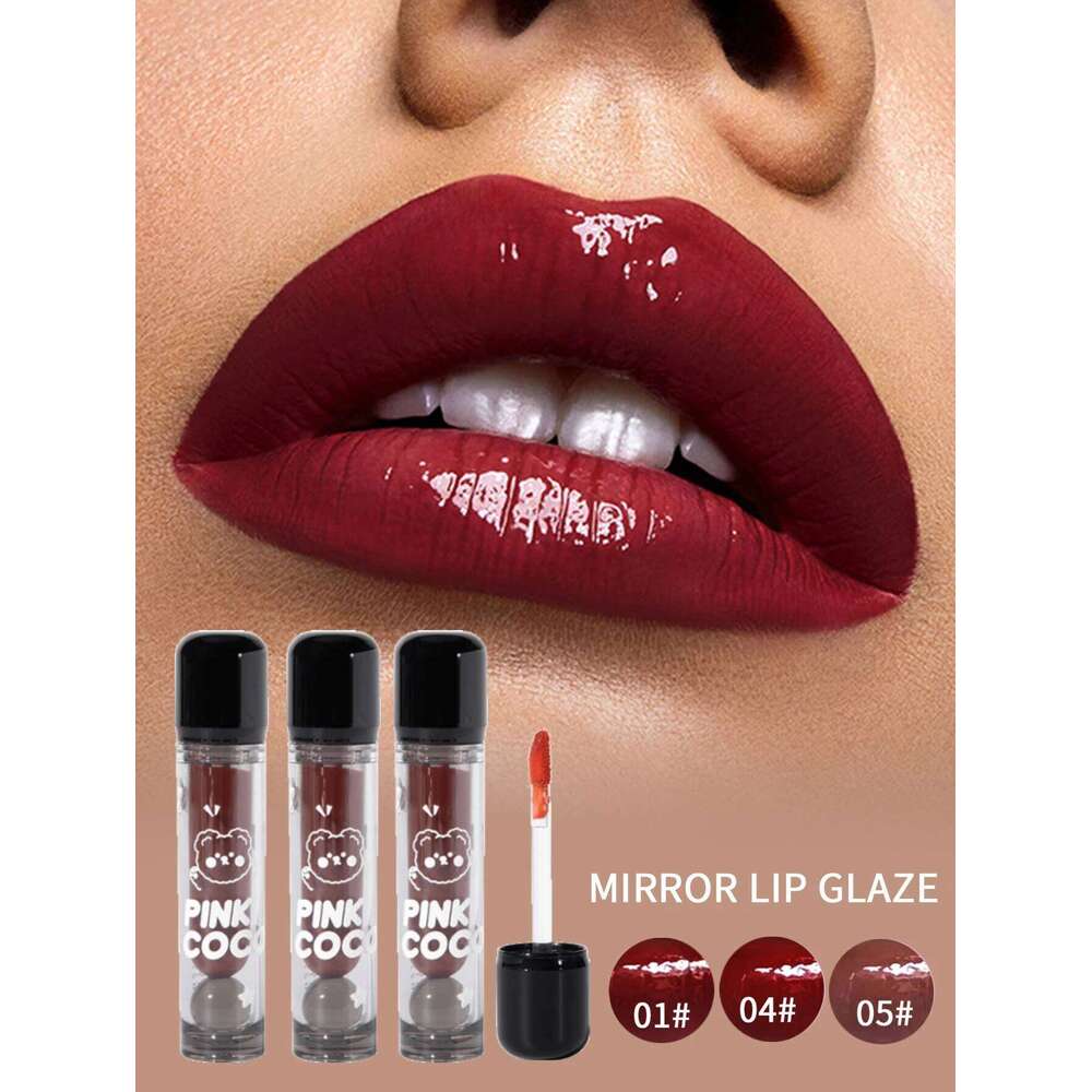 PINKCOCO Bear Doodle Mirror Glaze Long-Lasting Shiny Lip Gloss, Student-Friendly, Skin-Brightening Nude Lipstick Z260310