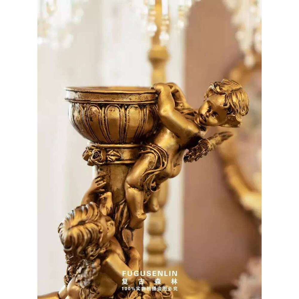 Vintage European style golden angel antique Roman pillar candle holder sculpture, architectural resin ornament, home decoration H260310