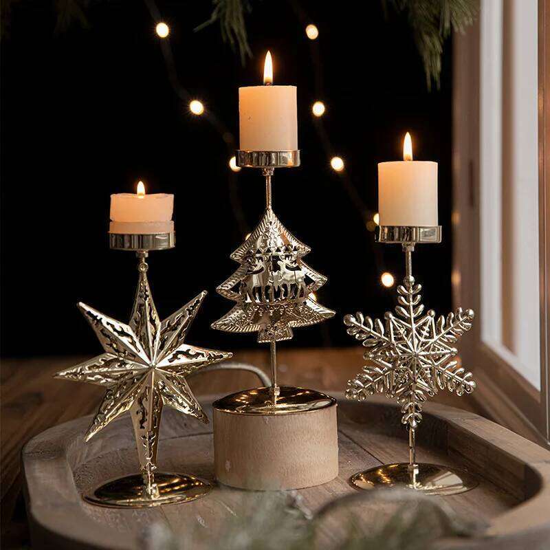 Gold Forged Iron Ornament Star Elk Tree Candlestick Christmas and New Year Holiday Table Decor H260310