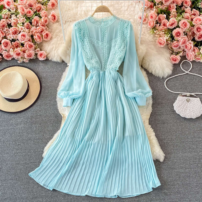 Spring and Autumn Palace Style Retro Lace Bordered Folded Chiffon Dress High Waist Elegant Slim Fit Wide Bottom