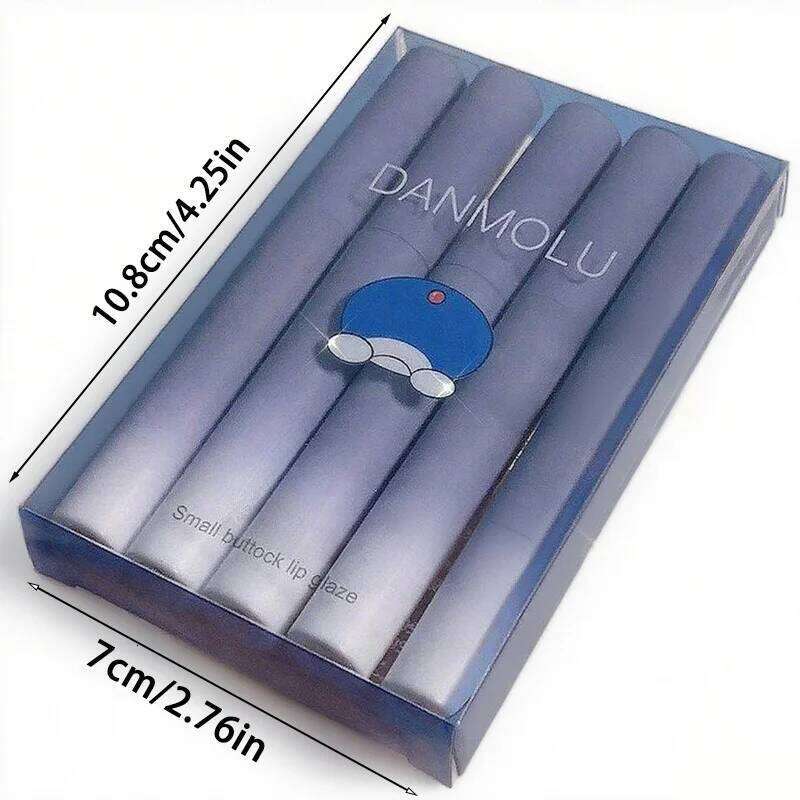 5 waterproof matte velvet lip lacquers with cartoon graphics for a smooth, glossy finish. Z260310