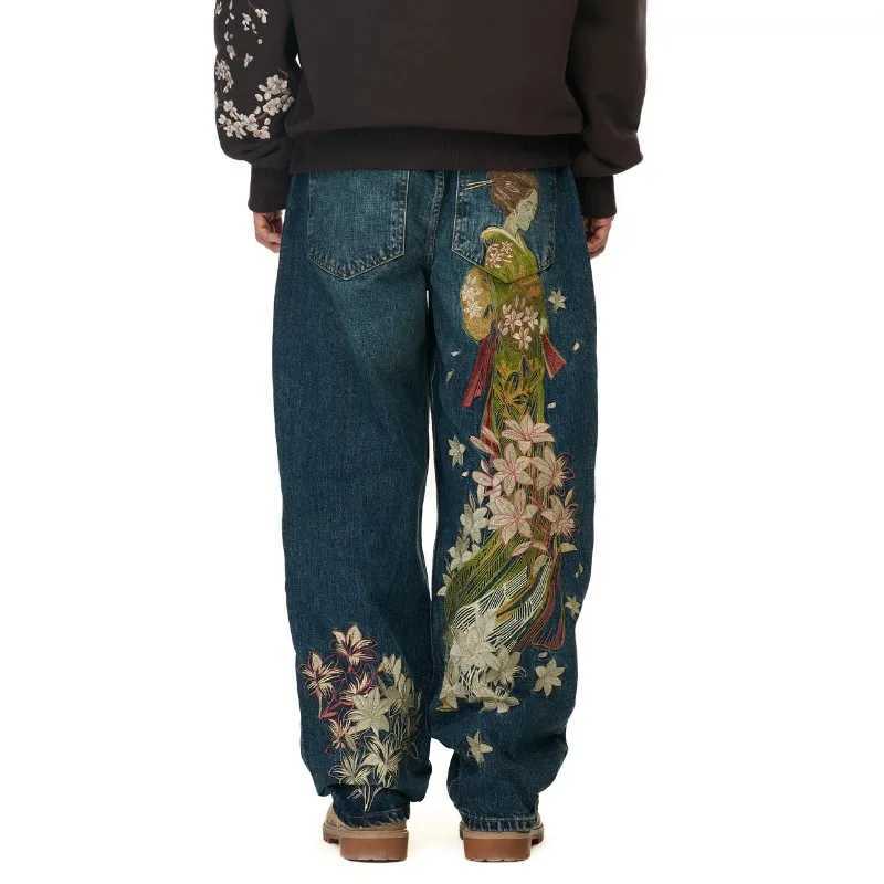 Harajuku Flower Woman Embroidery Baggy washed jeans Y2K Vintage 2000s streetwear American Gothic Pants Men Women wide leg pants M260310