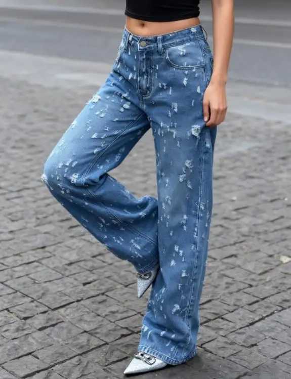 Womens Ripped Jeans Straight Tube Millennium Style Street Trendy Jeans Daily Casual Female Fashion Loose Versatile Denim Pants M260310