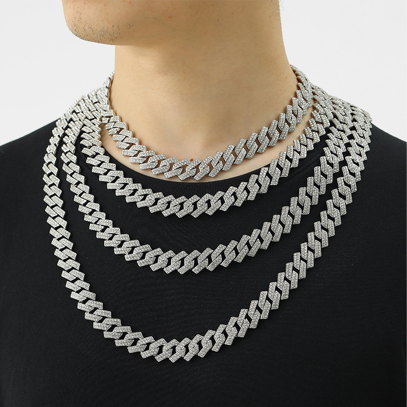 15mm Full Diamond Cuban Link Chain Necklace For Men Guys Iced Out Crystal Gemstone Miami Street Party Hip Hop Rap Jewelry Grunge Chunky Gold Curb Chai