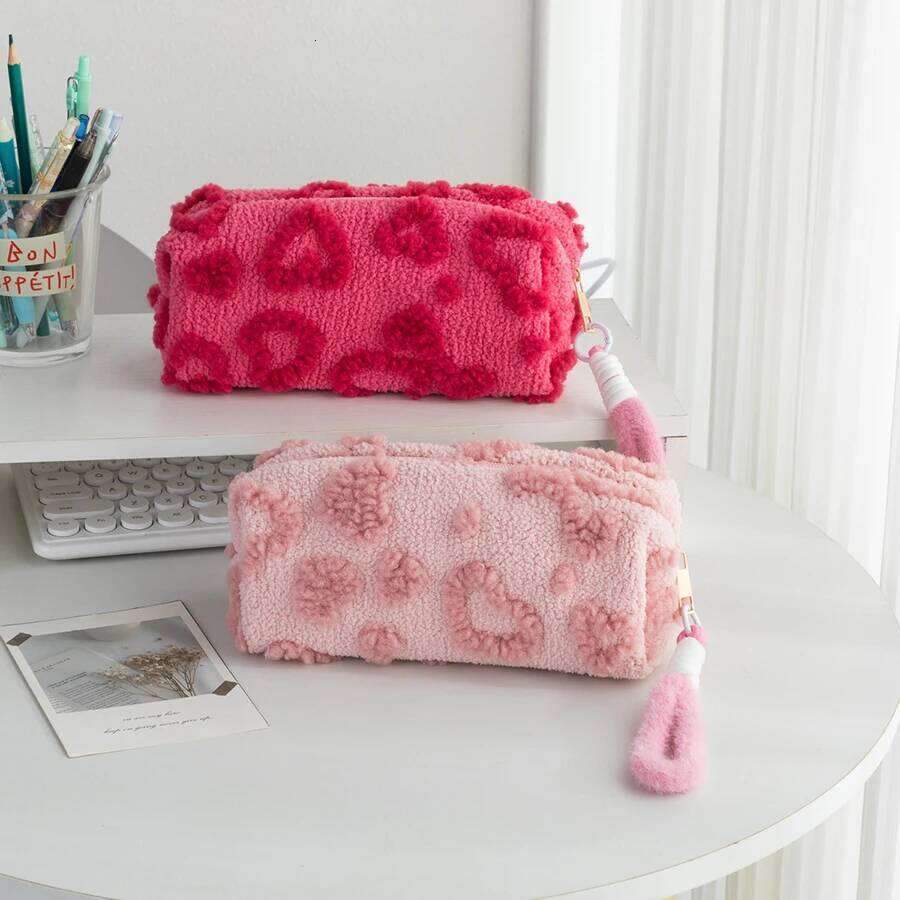 1pcs Cute Plush Makeup For Women Pink Red Color Heart Cosmetic Bags With Lanyard Girl Large Capacity Travel Organizer XJ260310