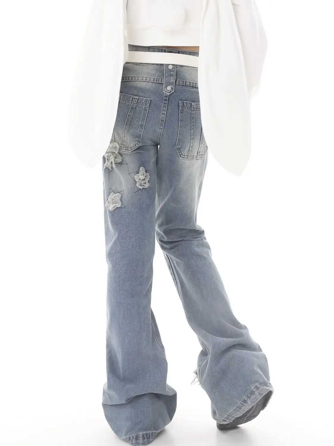 Women Blue Y2k Star Flare Jeans Vintage Cowboy Pants Harajuku Denim Trousers 90s Streetwear 2000s Trashy Clothes 2024 M260310