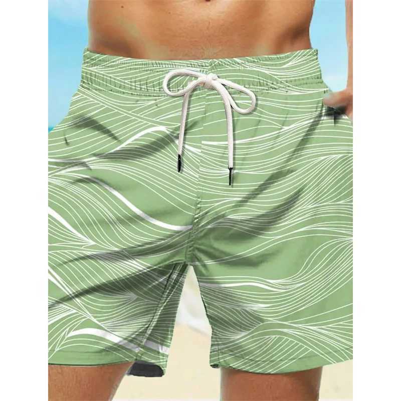 Curved Stripe Graphic Swim Trunks For Men Fashion 3D Print Short Pants Summer Holiday Hawaiian Drawstring Quick Dry Board Shorts N260310