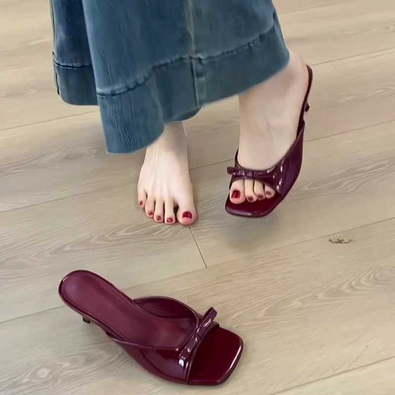 2026 New Women Square Toe High Heel Fashion Butterfly-knot Dress Shoes Summer Stripper Mules Slides Zapatos De Mujer K260311