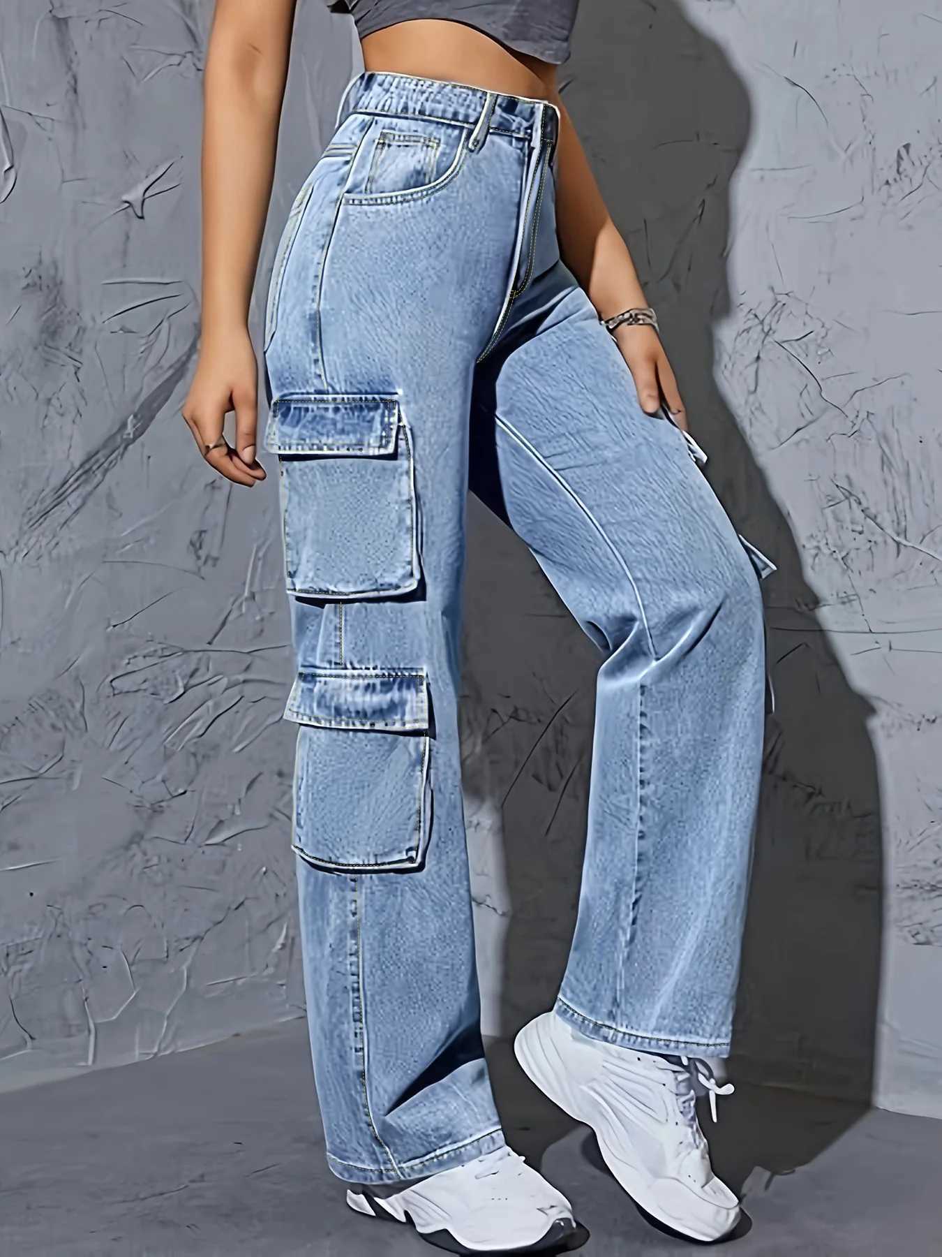 Plus Size Straight Leg Jeans for Women High Waisted Cargo Jeans for Women Stretchy Wide Leg Jean Womes Casual Baggy M260310