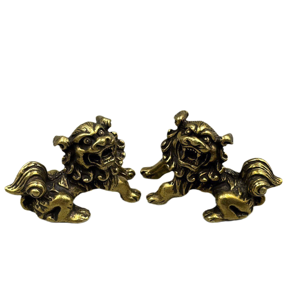 1 Pair Pure Copper Lion Sculpture For Collectors Bronze-Finished Pair of Chinese Cartoon Sculptures Symbols Desk Ornaments For Office & Home