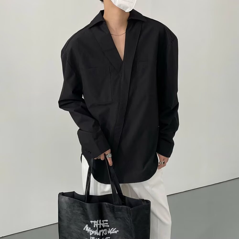 Spring And Autumn -style Fashionable Minimalist V-neck Designer Shirt High-end Design Pullover Long-sleeve For Men Loose-fitting Trendy - view 7