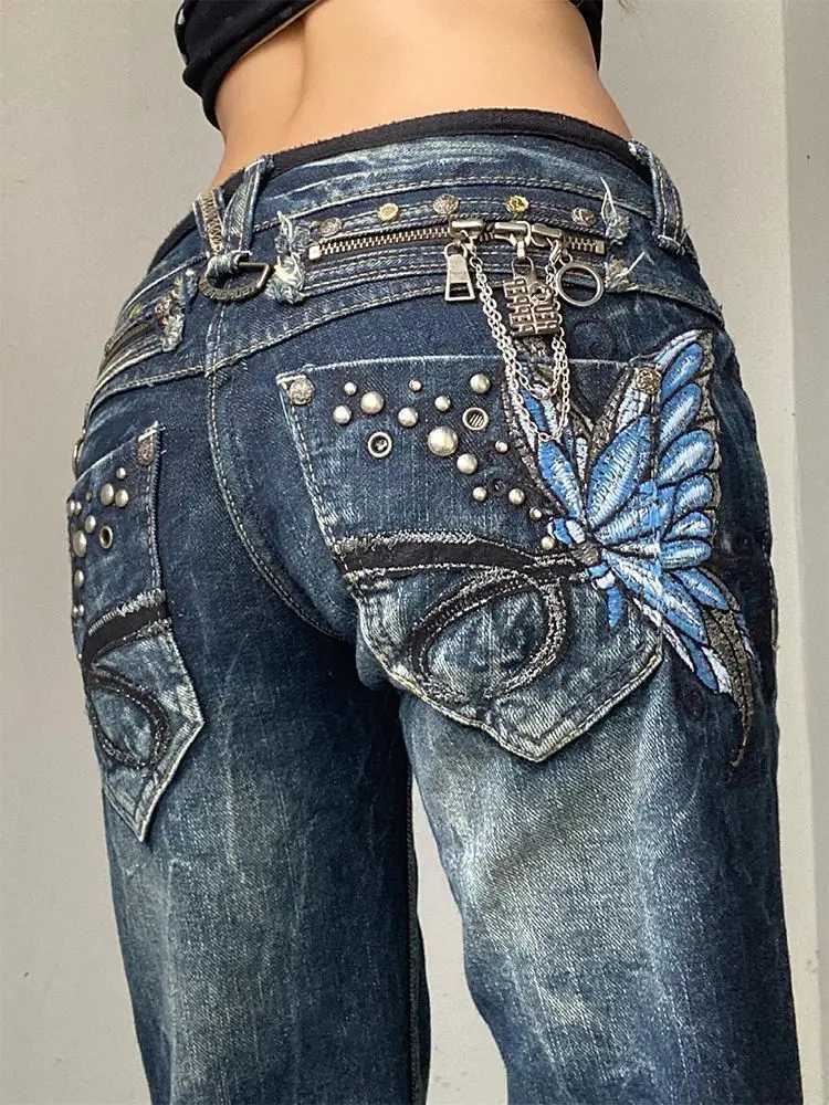 American Fashion High Street Large Size Butterfly Embroidered Women Jeans Y2K Millennium Harajuku Slim Flared Jeans M260310