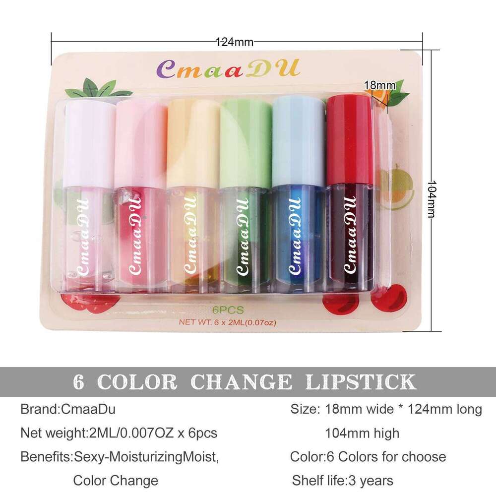 CmaaDu 6 Packs Fruit Mirror Color Changing Lipstick Glaze Set Nourish Moisturize Brightening Protect Lips and Fade Lip Gloss Z260310