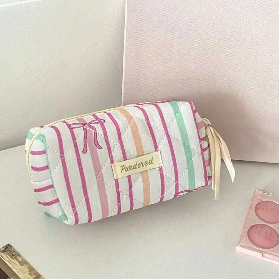 Personality Stripe Bowknot Women Cosmetic Portable Simple Quilting Bag Pouch Travel Large Capacity Makeup Storage Handbag XJ260310