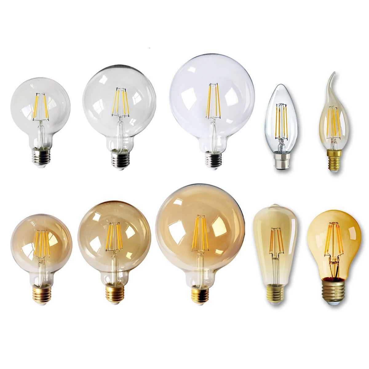 2PCS Energy-saving LED Filament Bulb 220V E14 E27 B22 Warm White Glass 4W 6W 360 Degree Edison Retro Candle Light Bulbs H260310