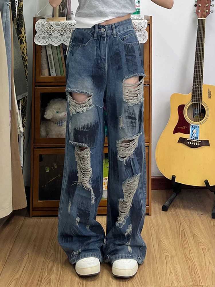 Oversize Blue Ripped Old Hot Y2k American RETRO High Waist Fashion Men And Women Hip Hop Straight Loose Wide Legs Jeans M260310