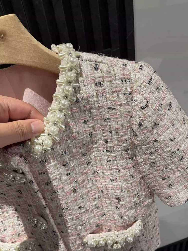 Autumn Spring Beading Diamond Button Women Tweed Jacket Outfits Mid-Calf Length Skirt Sets O-Neck Party Short Coat Two Piece SetT260310