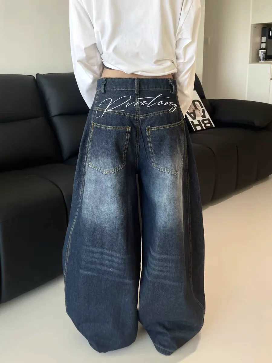 Casual Womens Y2K Loose Baggy Jeans Blue Washed High Street Vintage Cargo Pants Wide Leg Oversized Trousers y2k pants M260310